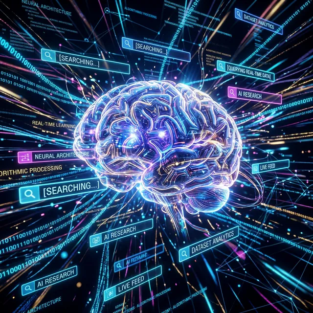 Glowing AI cyber brain representing research