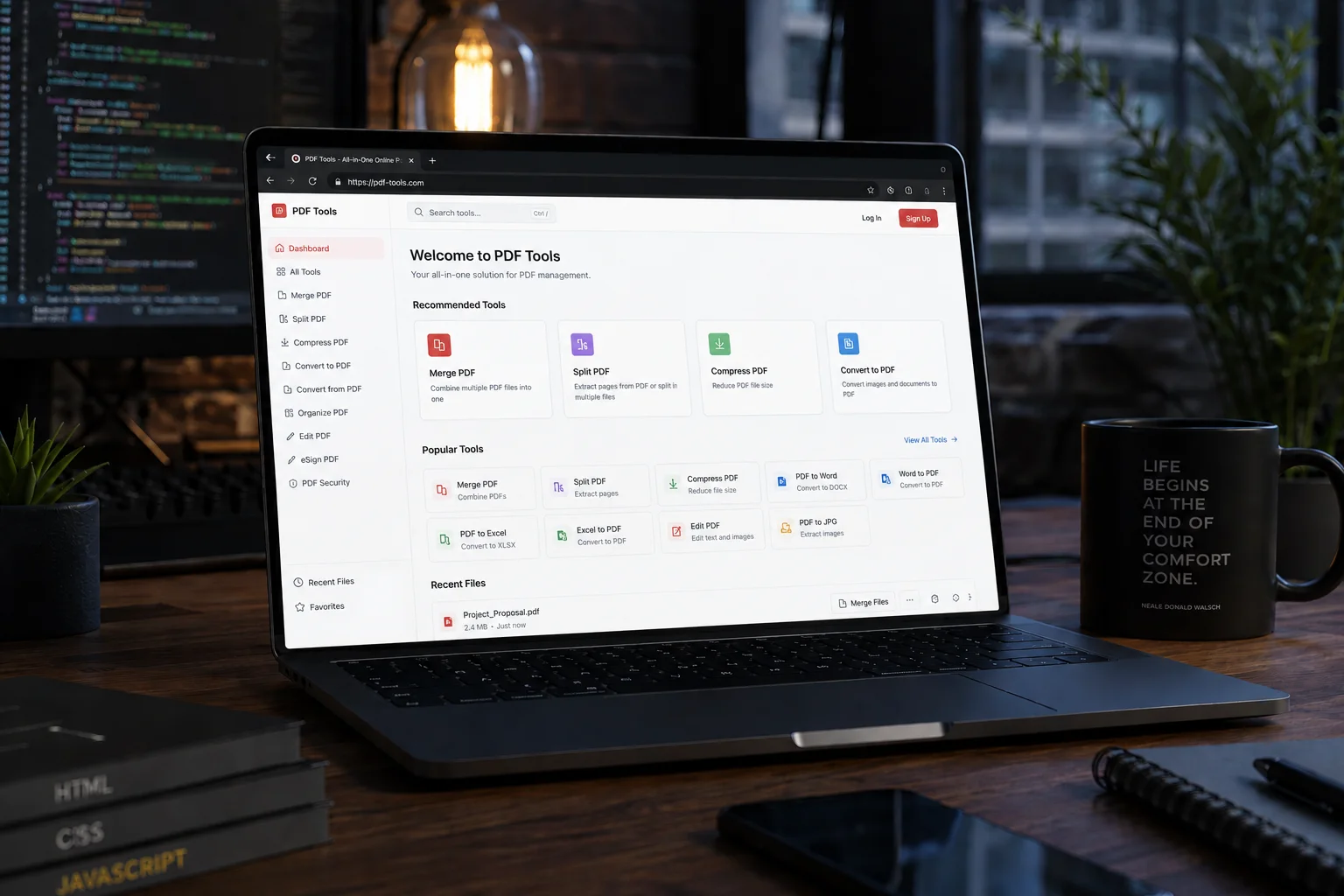 Online PDF tools and productivity dashboard on laptop
