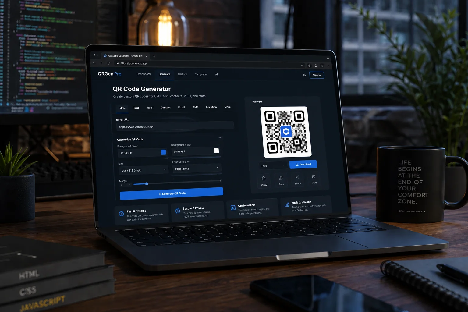 QR code generator and modern browser utility interface