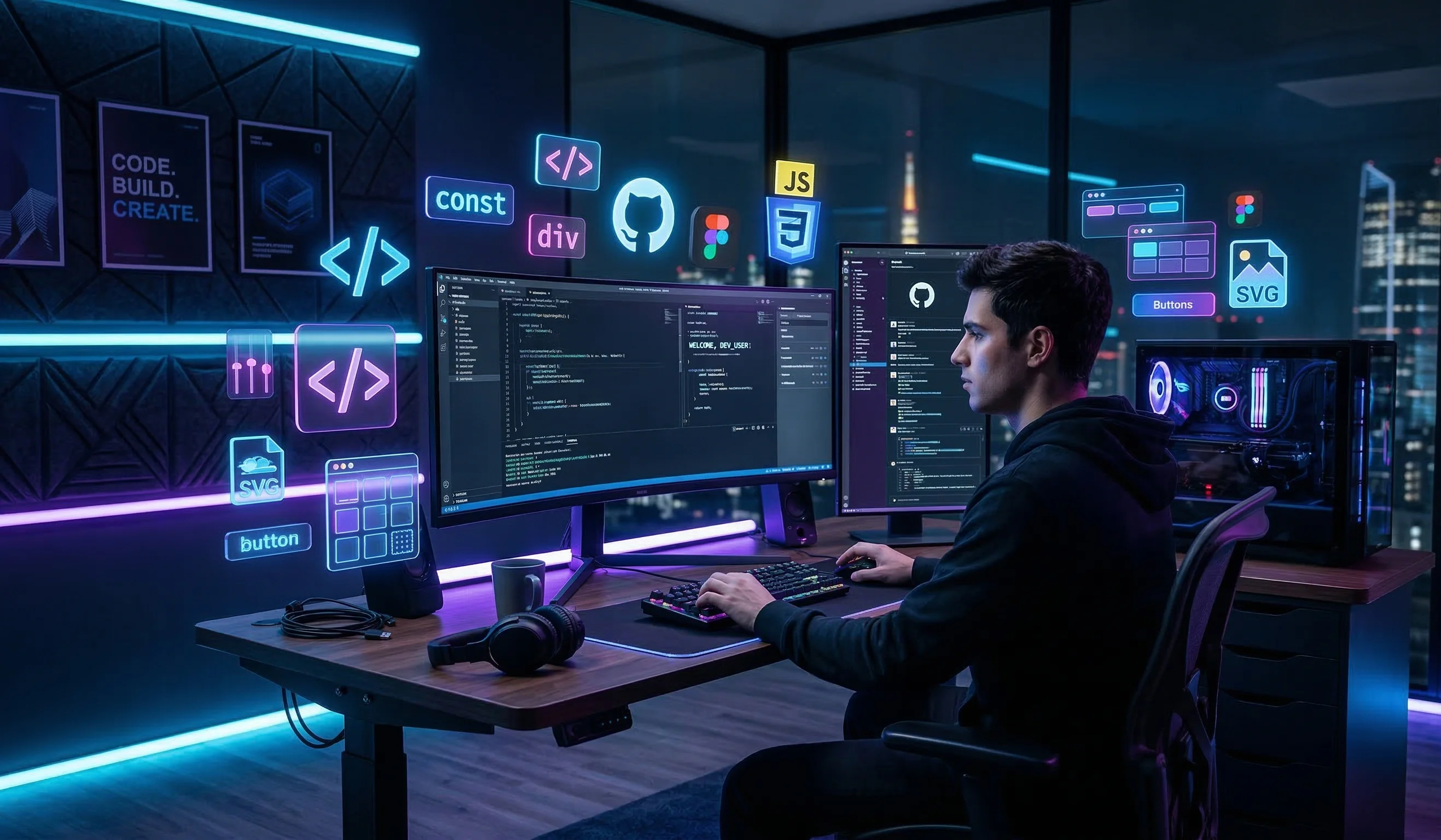 A general futuristic workspace for a modern web developer, complete with a clean desk, dual monitors, diverse glowing holographic icons