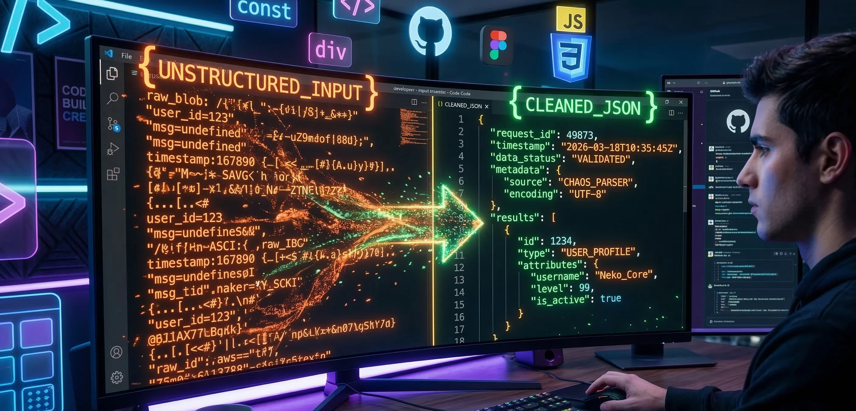 A close-up view of a code editor screen, clearly showing messy, unstructured JSON data on the left transforming into perfectly organized, color-coded JSON data