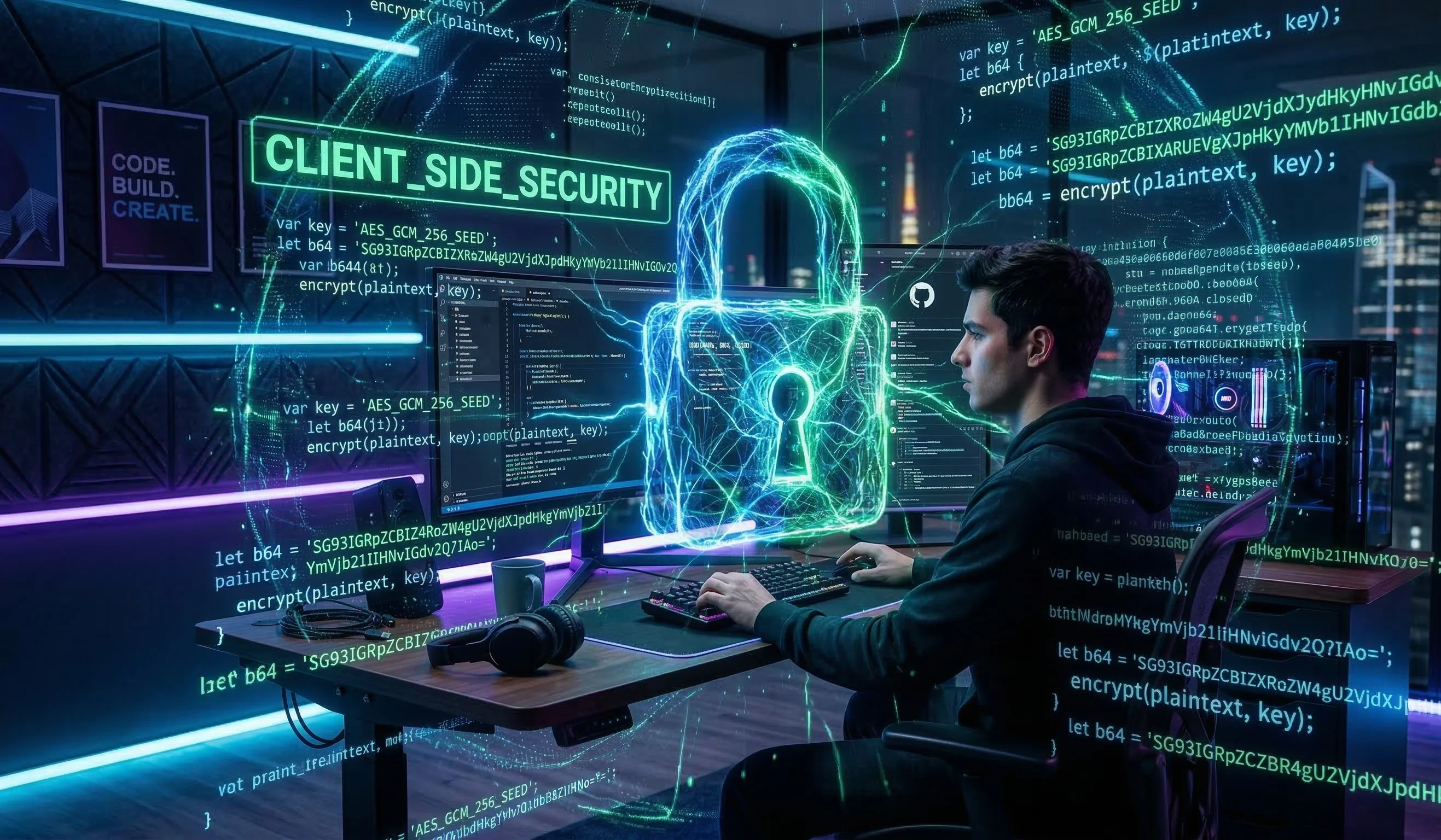 A developer in a digital environment dominated by a massive, glowing holographic padlock made of green and blue light, surrounded by secure code strings