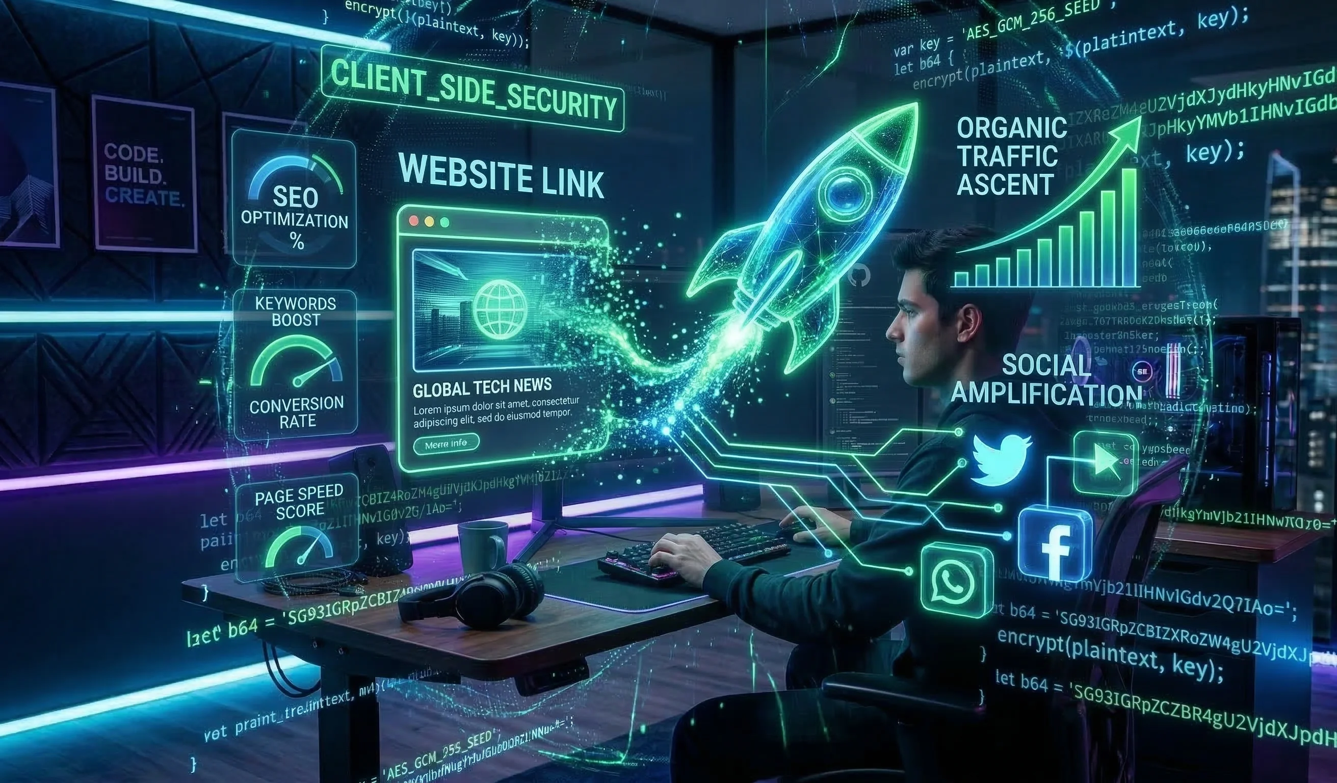 A futuristic digital dashboard featuring a glowing holographic rocket ship, performance metrics, conversion gauges, a website link preview with an SEO score